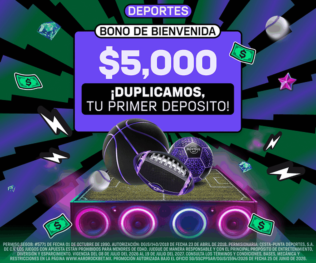 Hard Rock Bet México — Bono de bienvenida: 100% en tu primer depósito, hasta $5,000 MXN. Rollover 8x, cuota mínima 1.50, válido 7 días. Aplican términos. Solo mayores de 18 años.